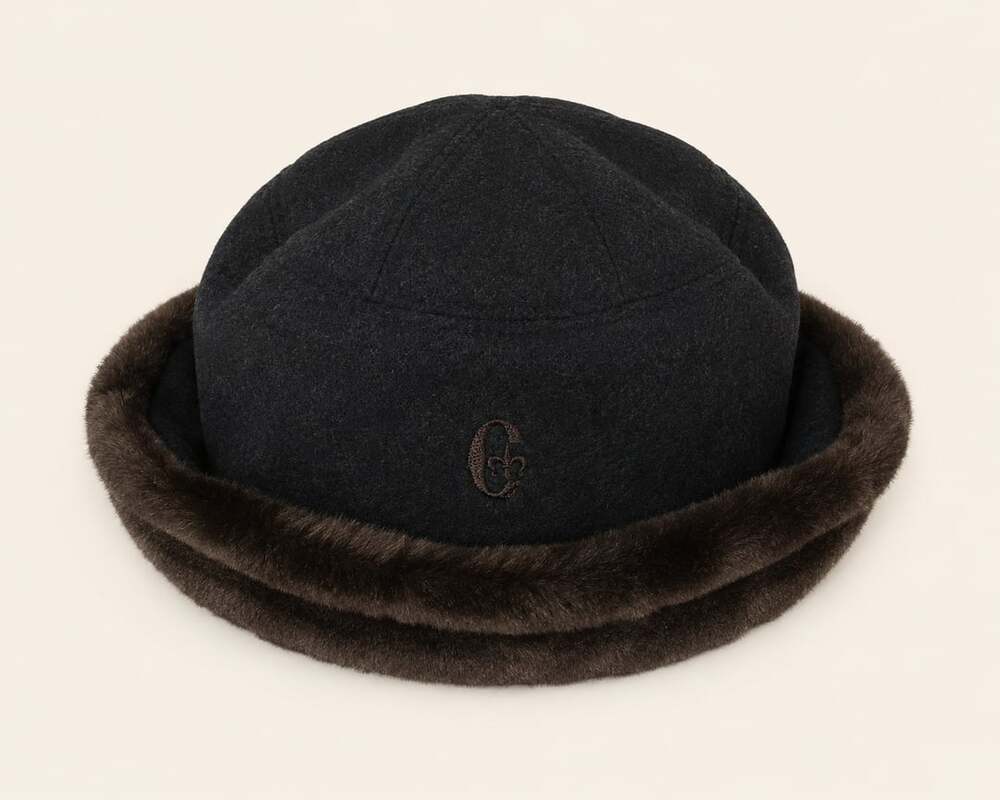 Conte of Florence Black Wool Felt Bucket Hat with Brown Faux Fur Trim